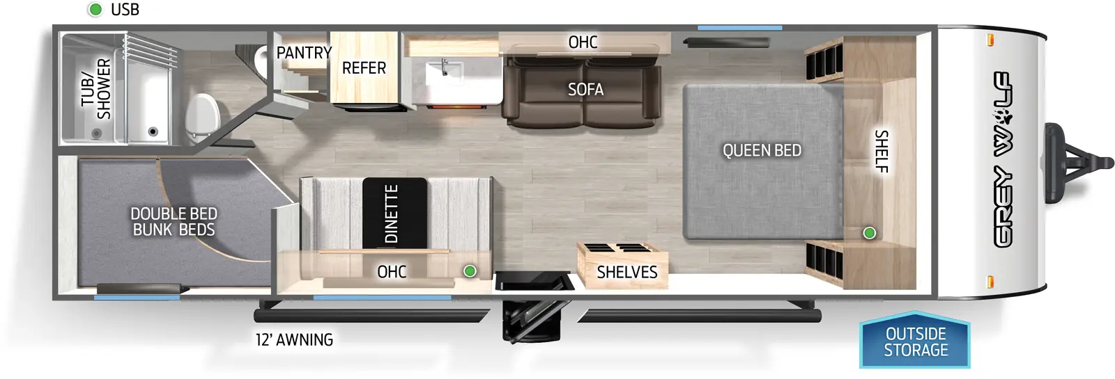 The Cherokee Black Label 26EVBL floorplan has one entry and zero slide outs. Exterior features include: fiberglass exterior and 12' awning. Interiors features include: bunk beds and front bedroom.